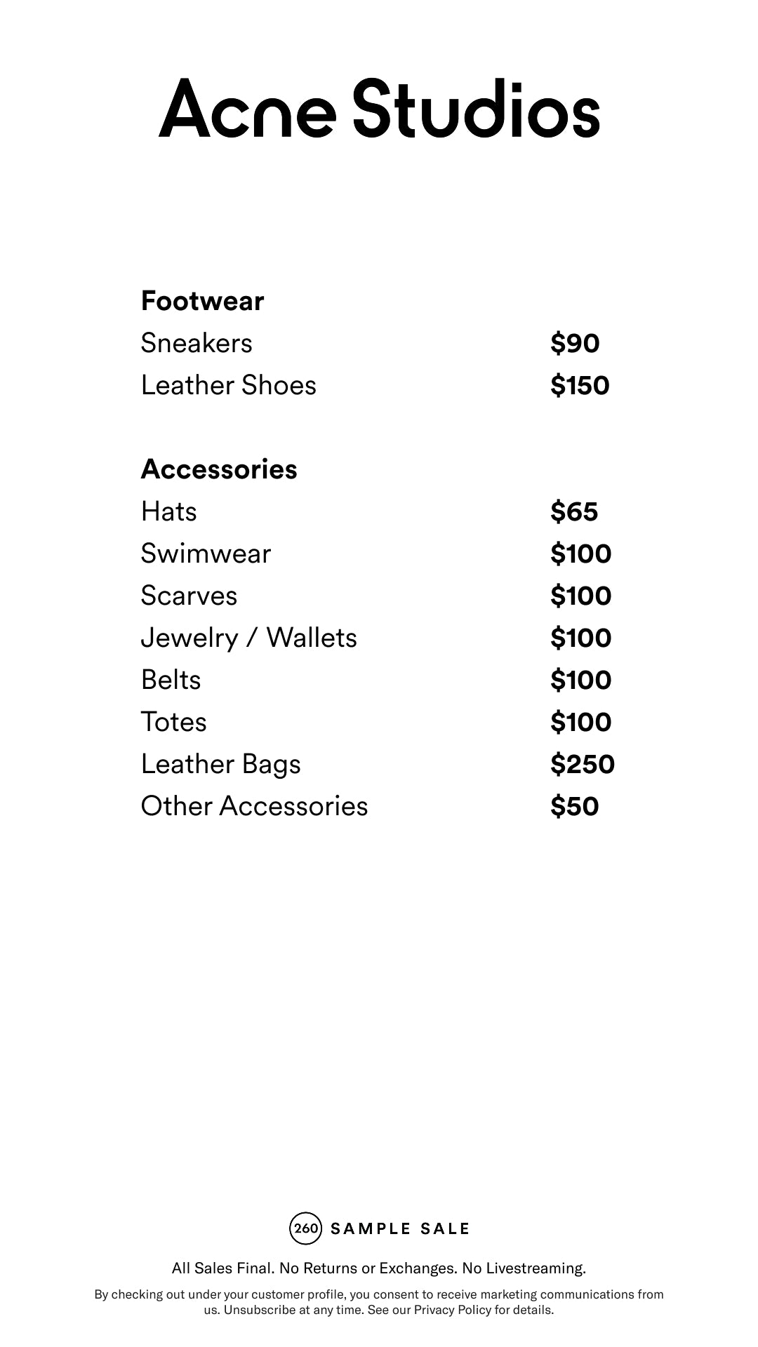 Price table