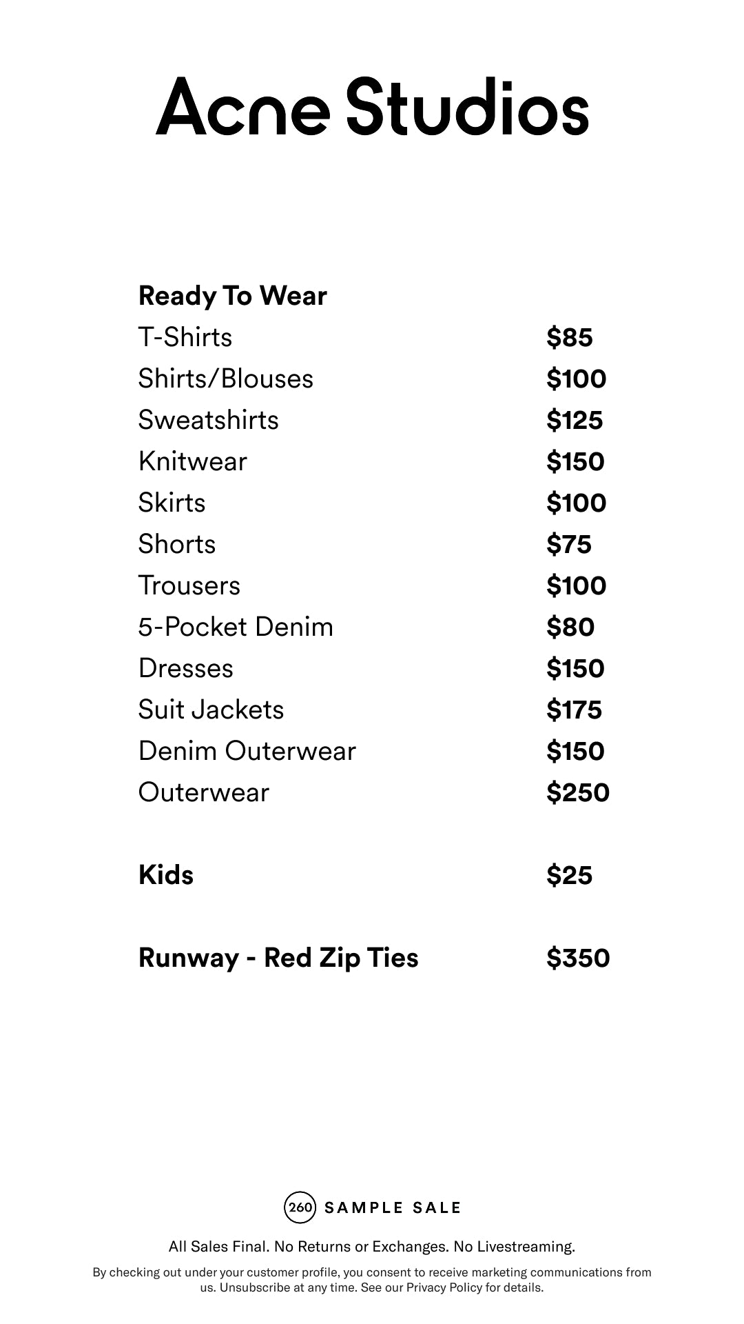 Price table