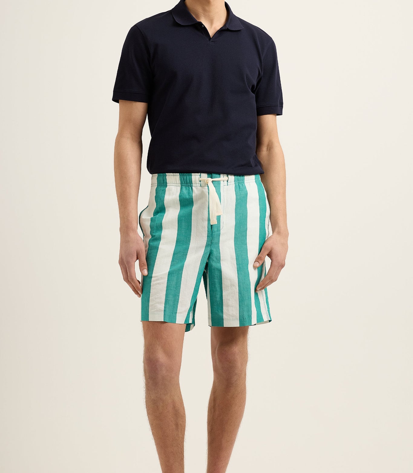 Alex Stripe Relaxed Fit Striped Drawcord Linen Shorts | Green/White Sand