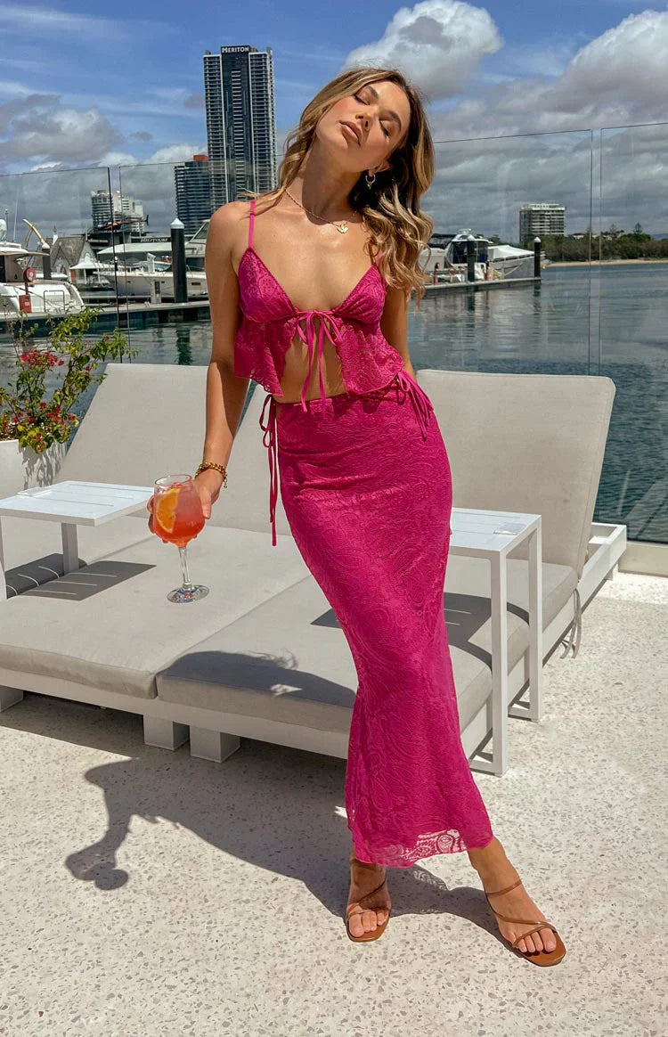 Alexia Lace Tie Up Maxi Skirt | Fuschia