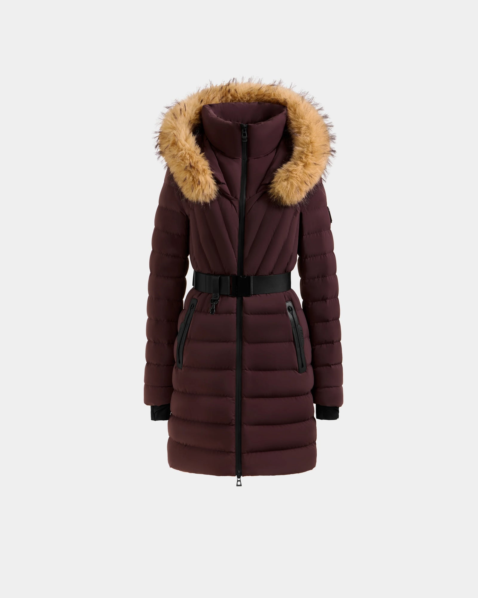 The Rudsak ALISA M - L125586 Bordeaux is a maroon quilted down parka with a vegan leather belt, black zipper and pocket details, and a hood trimmed in light brown faux fur, shown on a plain light background.