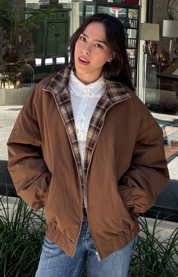 All I Wanted Puffer Jacket | Brown Plaid