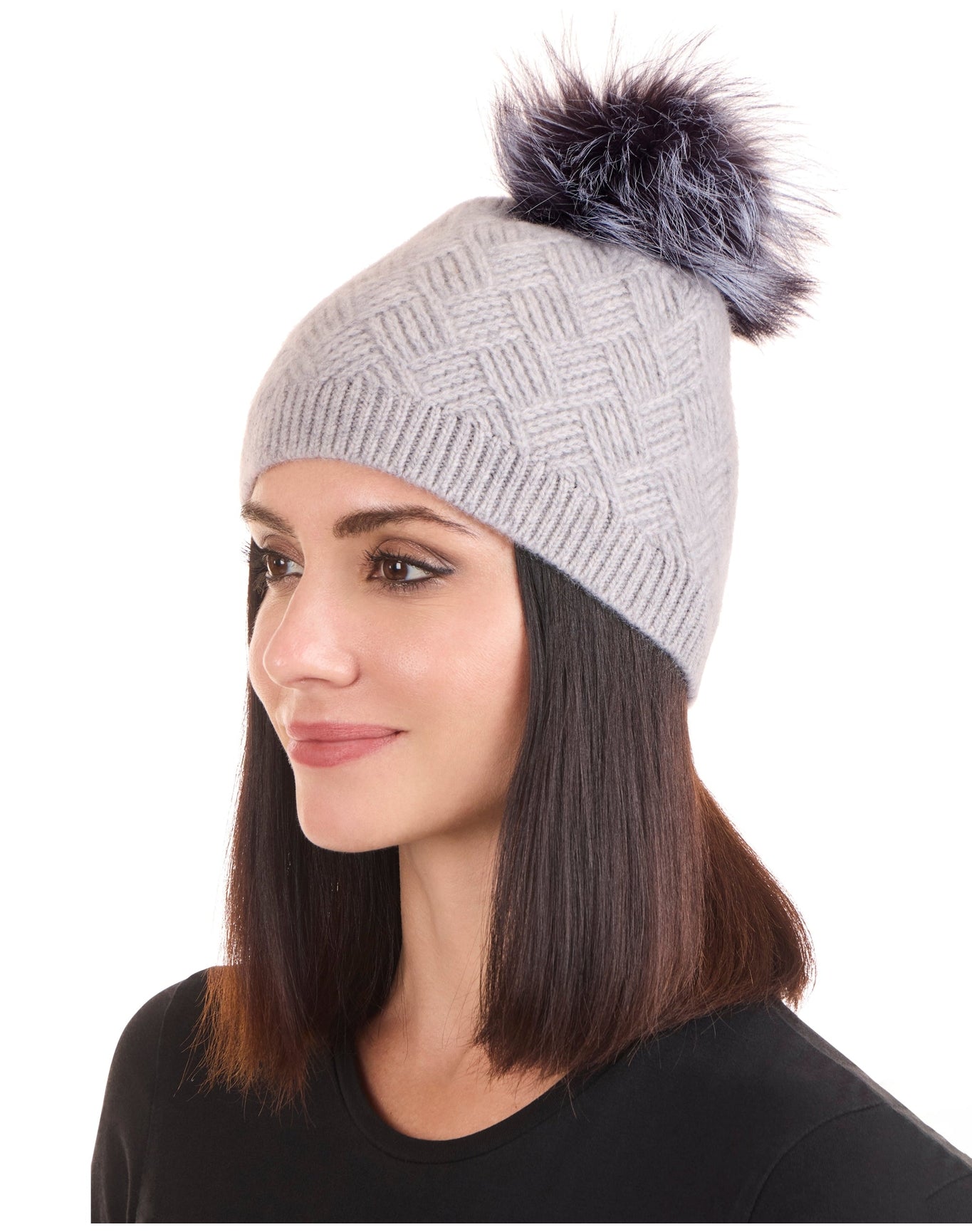 Amicale Cashmere | Women | Cashmere Basketweave Rib Hat W/ Fox Pom | Grey