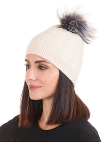 Amicale Cashmere | Women | Cashmere Basketweave Rib Hat W/ Fox Pom | Ivory
