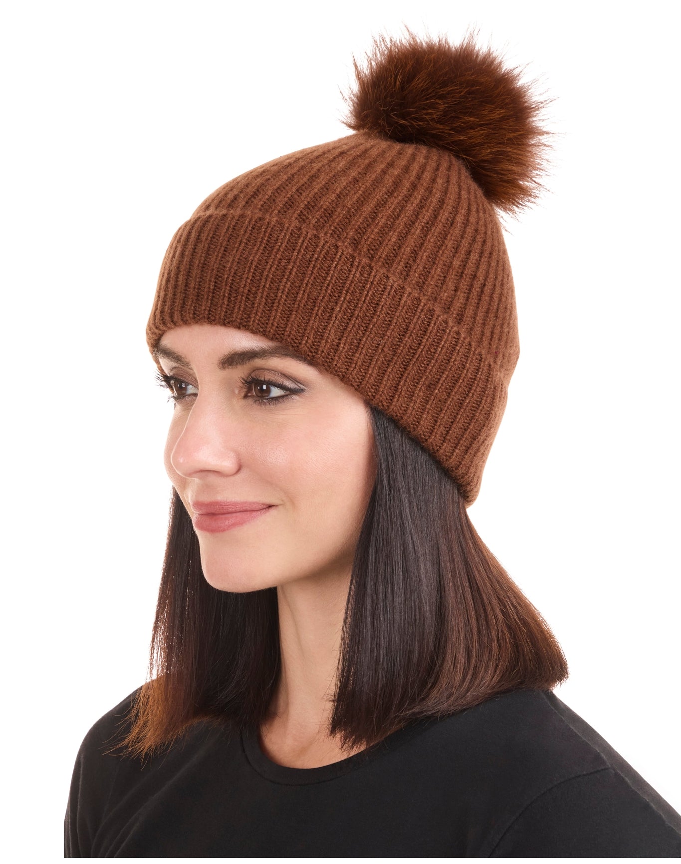 Amicale Cashmere | Women | Cashmere Chunky Rib Knit Hat With Fox Pom | Brown