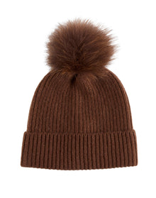 Amicale Cashmere | Women | Cashmere Chunky Rib Knit Hat With Fox Pom | Brown