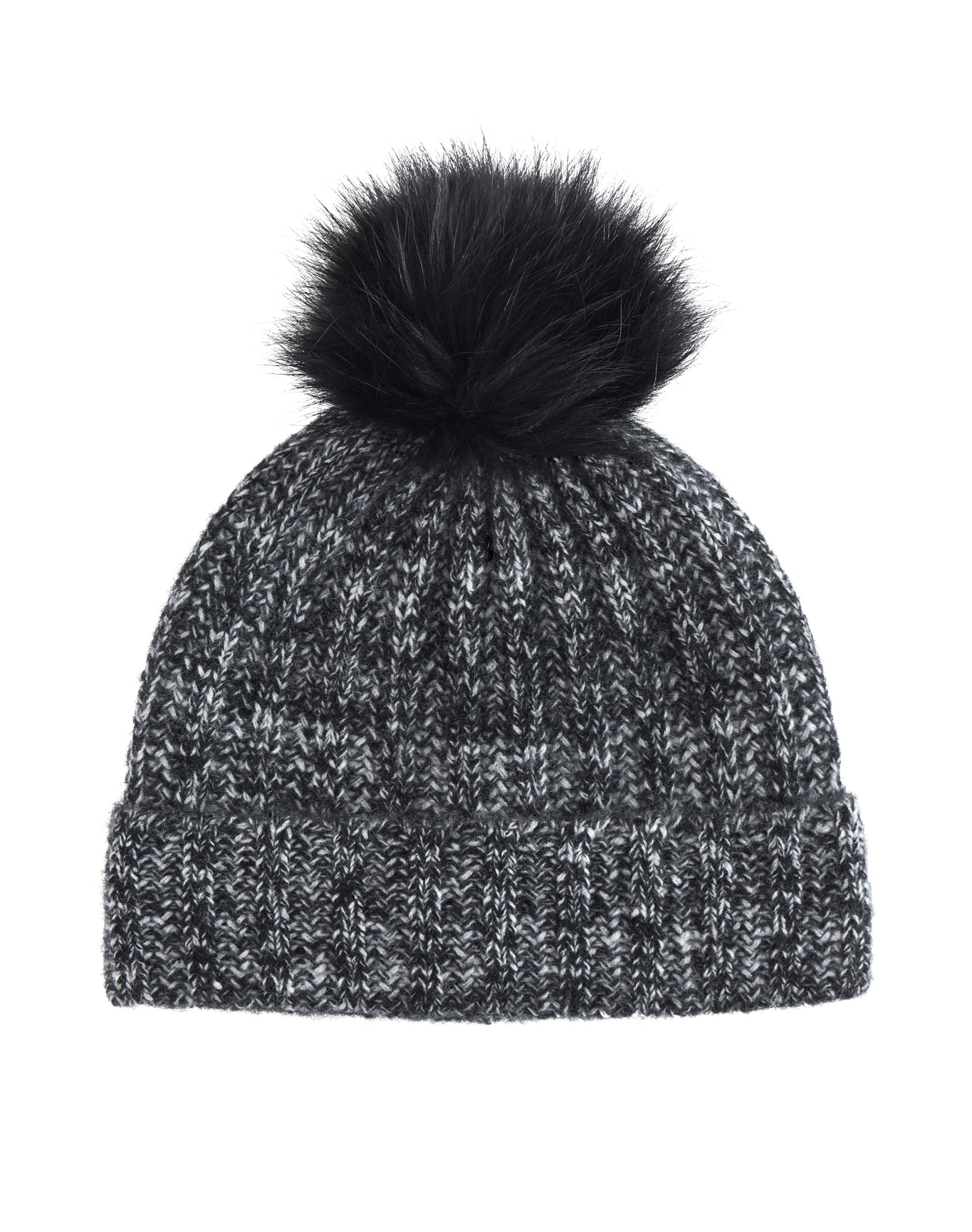 Amicale Cashmere | Women | Cashmere Marl Ladderstitch Fox Pom Hat | Black