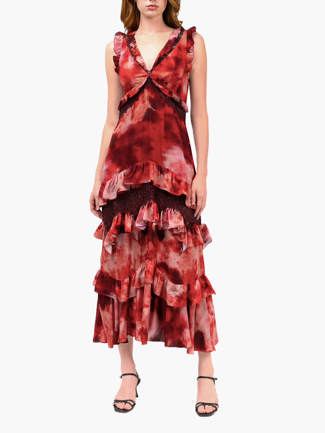 Watercolor Blooms Lace Viscose Maxi Dress | Red