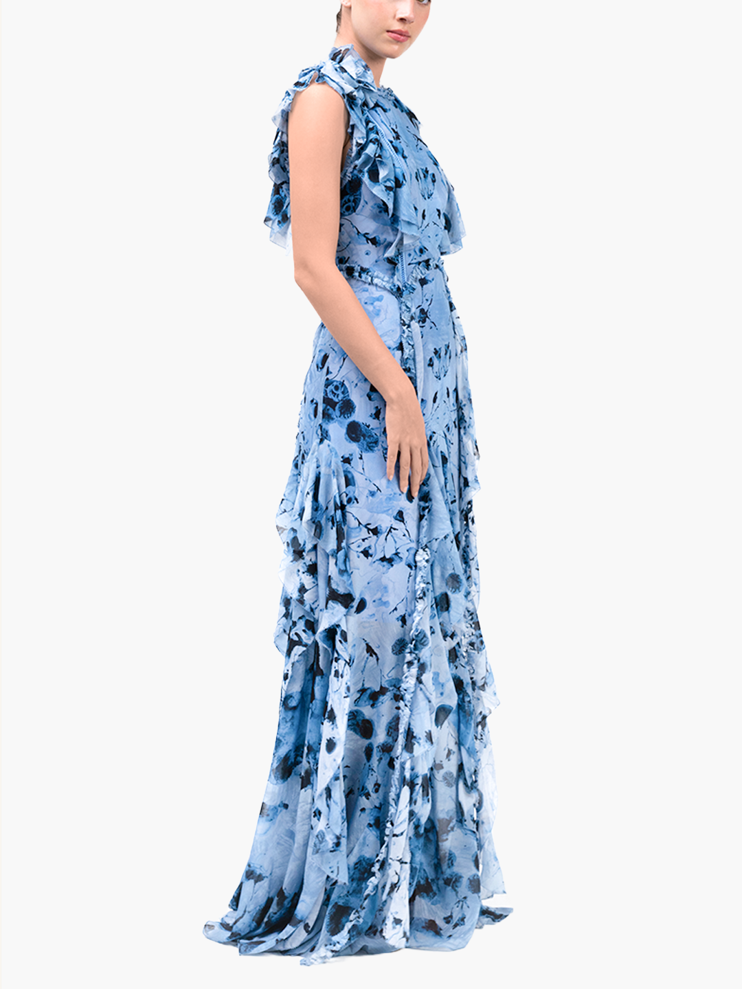 Painterly Print Sleeveless Georgette Gown | Blue