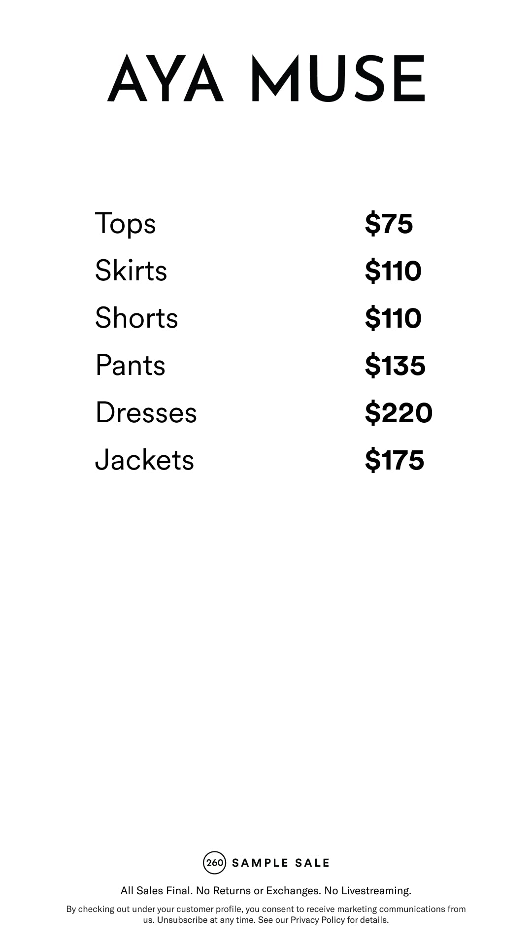Price table