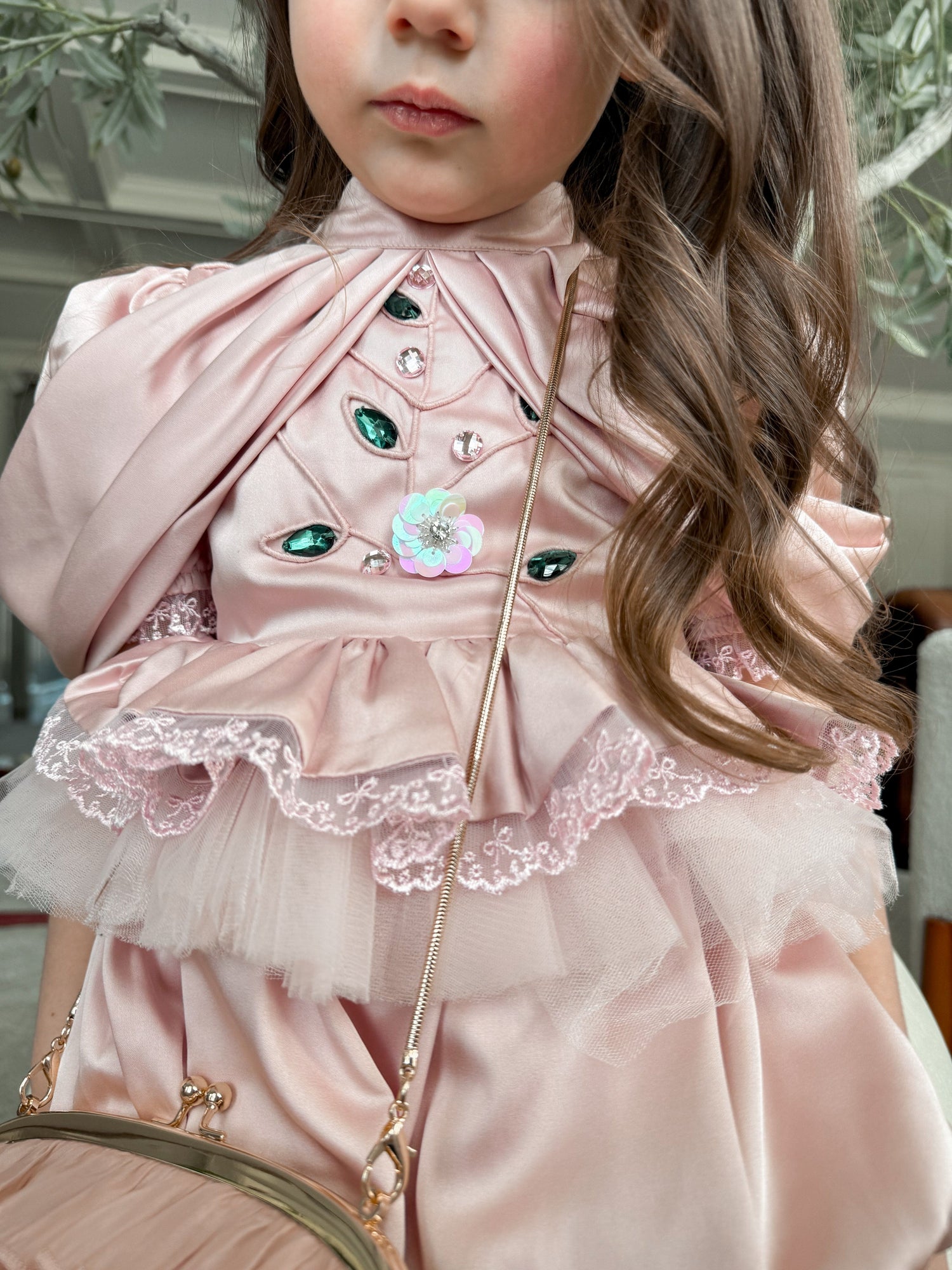 Pink satin girls dress with lace ruffle trim, jeweled bodice details and tulle skirt