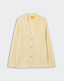 Baja Everywear Cardigan - Mist Combo, a soft knit cardigan in pale yellow with vertical multicolor stitch patterns, featuring a relaxed fit, V-neck, and front button closure, displayed flat.