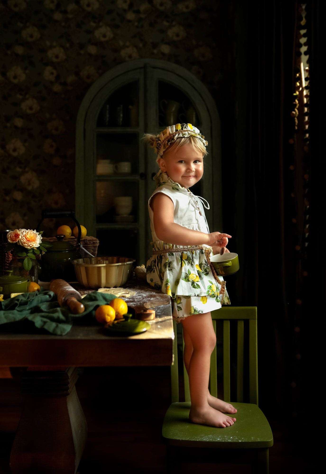 Girl | Amalfi Lemon Print Linen Romper | White x Green x Yellow