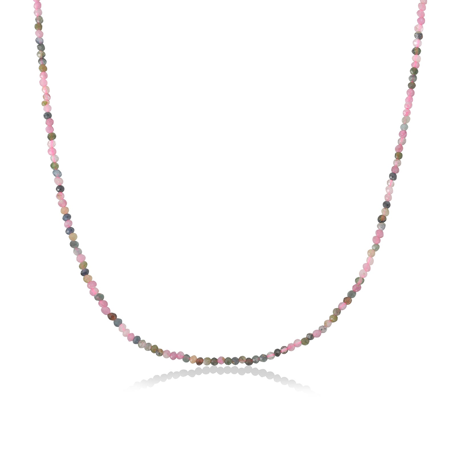 Shimmering slim gemstone beaded necklace made of 2mm faceted stones in tourmaline on a gold linking lobster clasp. 
