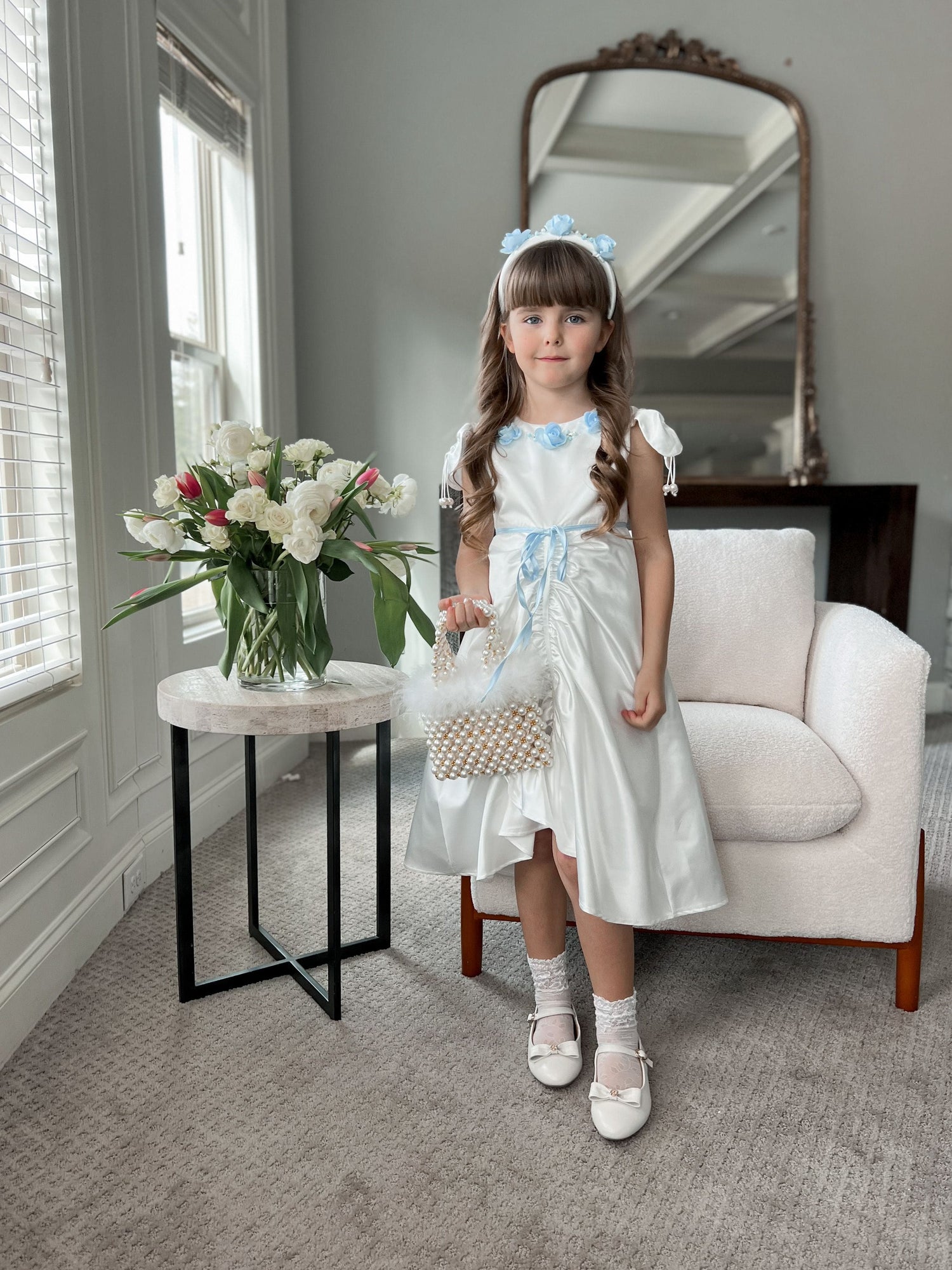 Girl | Daphne Satin Dress with Embroidery | White x Blue