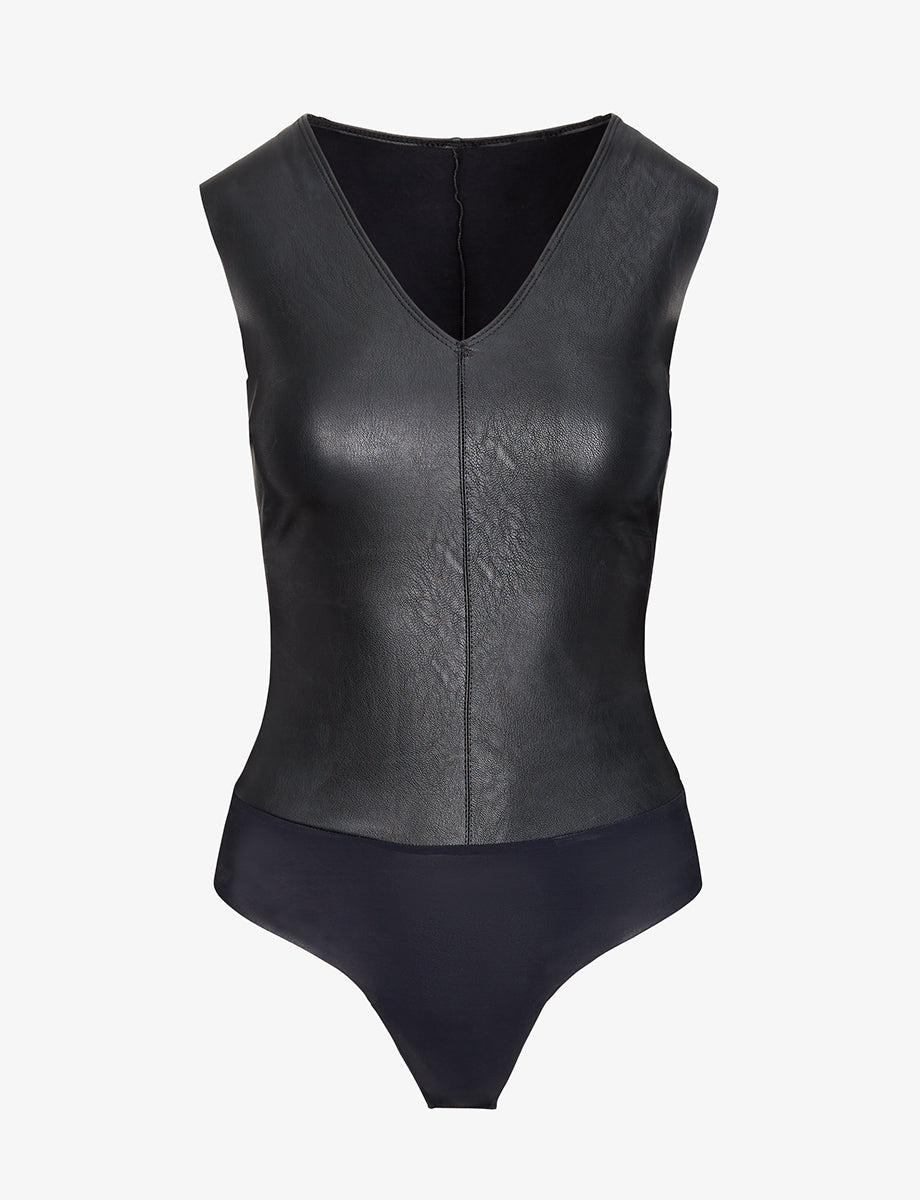 Faux Leather V-Neck Bodysuit::Black::Main