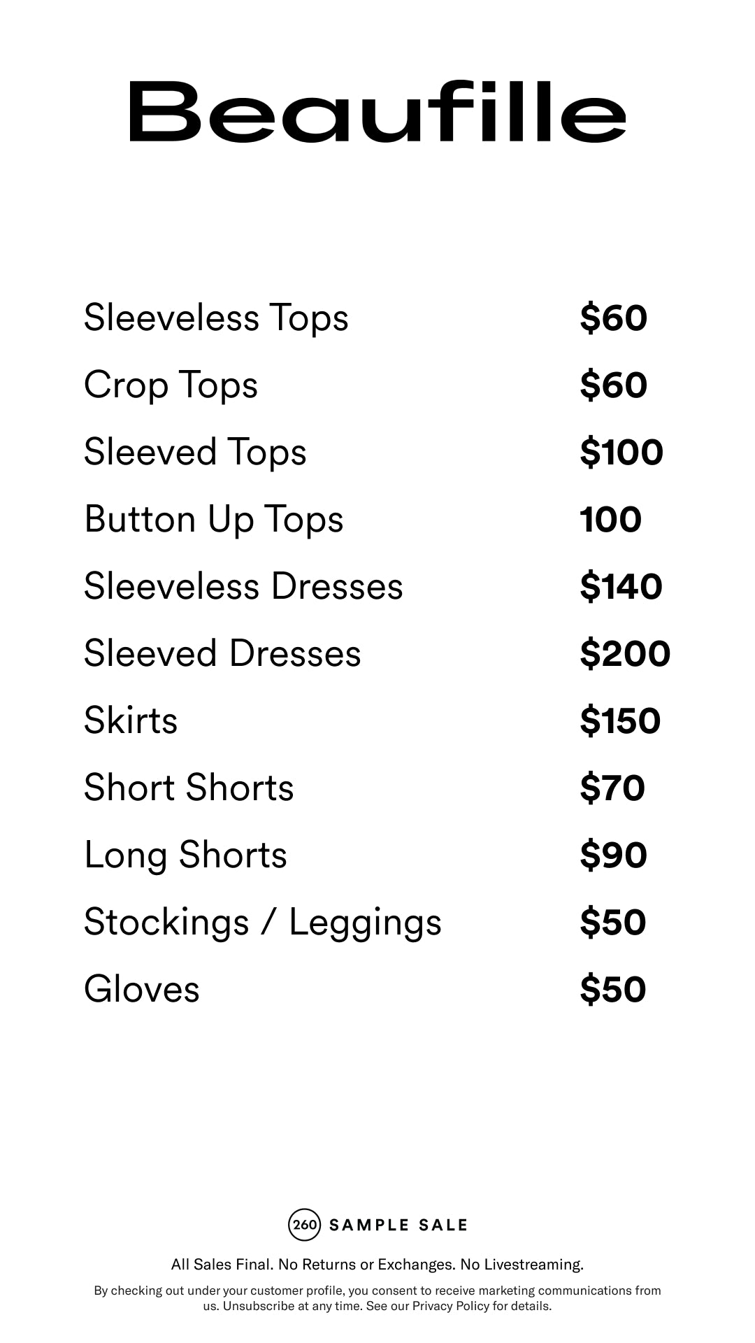 Price table