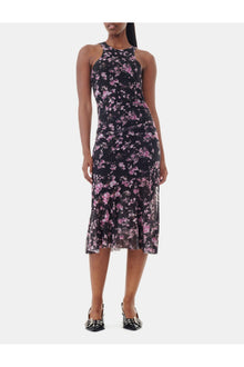 Black Floral Printed Mesh Sleeveless Midi Dress | Phantom