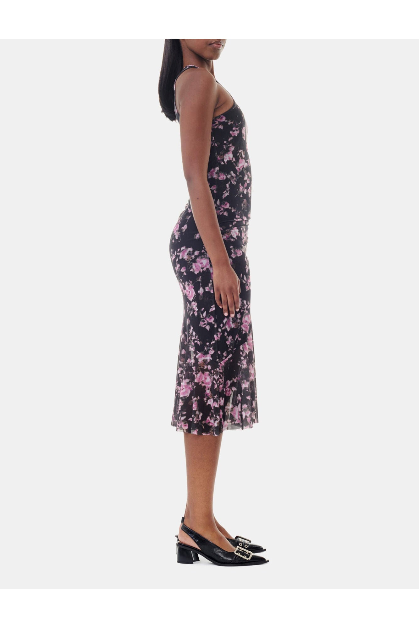 Black Floral Printed Mesh Sleeveless Midi Dress | Phantom