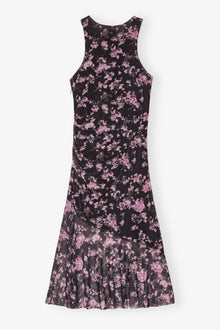Black Floral Printed Mesh Sleeveless Midi Dress | Phantom