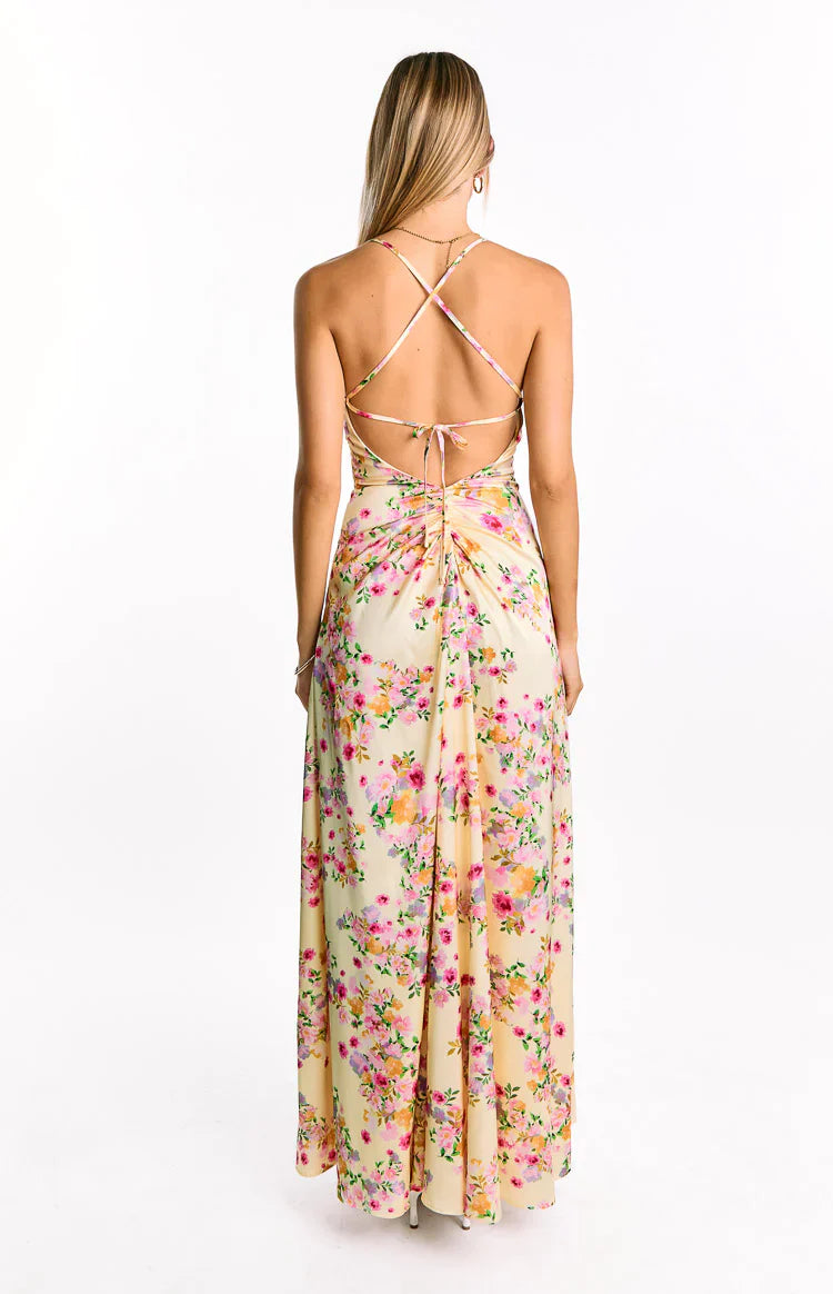 Blaise Bloom Satin Maxi Dress | Yellow
