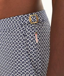 Bulldog Jacquard Geometric Mid-Length Swim Shorts | Night Iris/White Sand