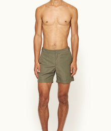 Bulldog Linen Mid-Length Tape Stripe Linen Blend Swim Shorts | Khaki/Stripe