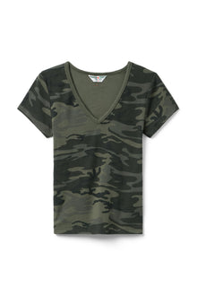 Women | Vintage Camo Short Sleeve V-Neck Baby Tee | Camo/Olive