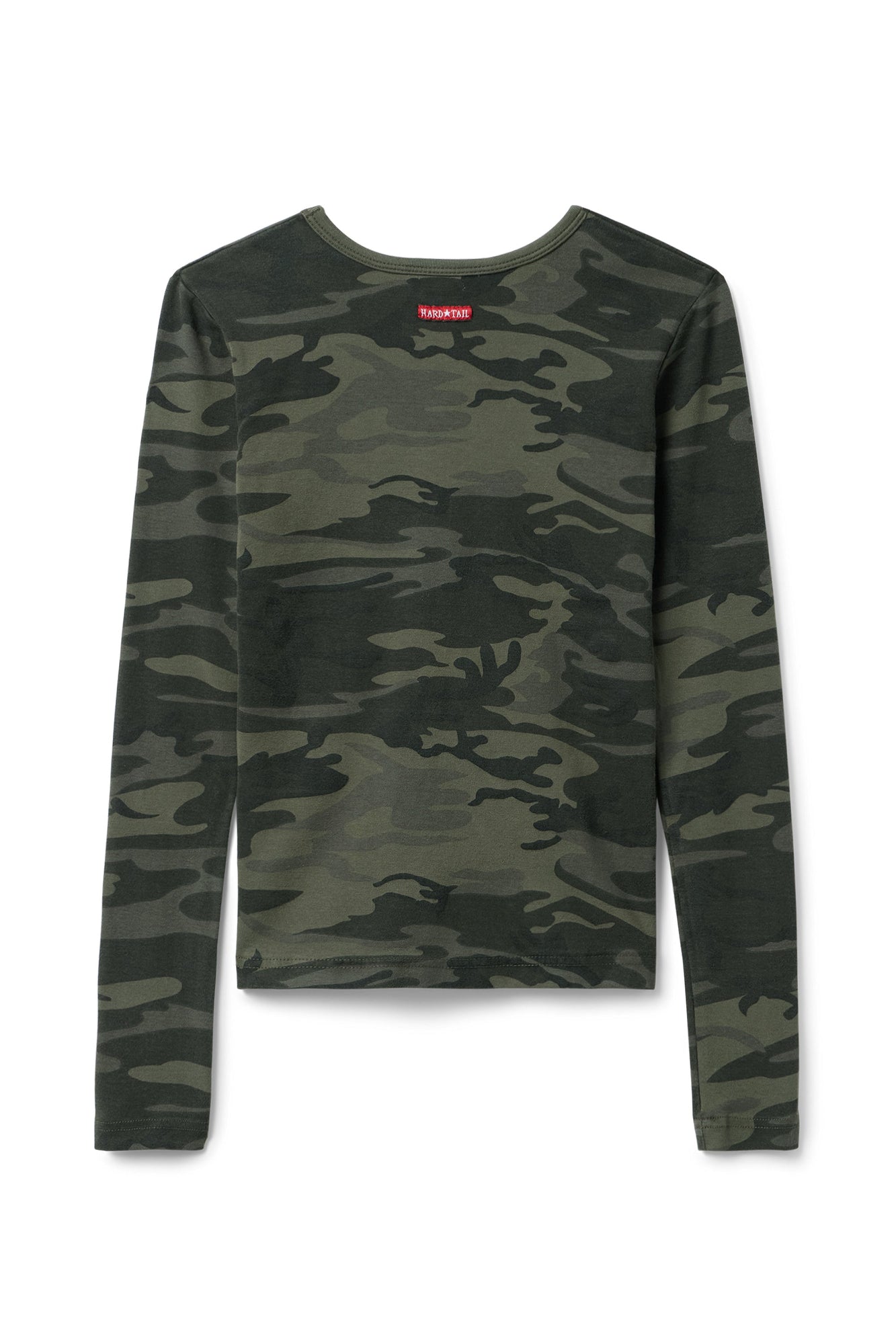 Women | Vintage Camo Long Sleeve V-Neck Baby Tee | Camo/Olive