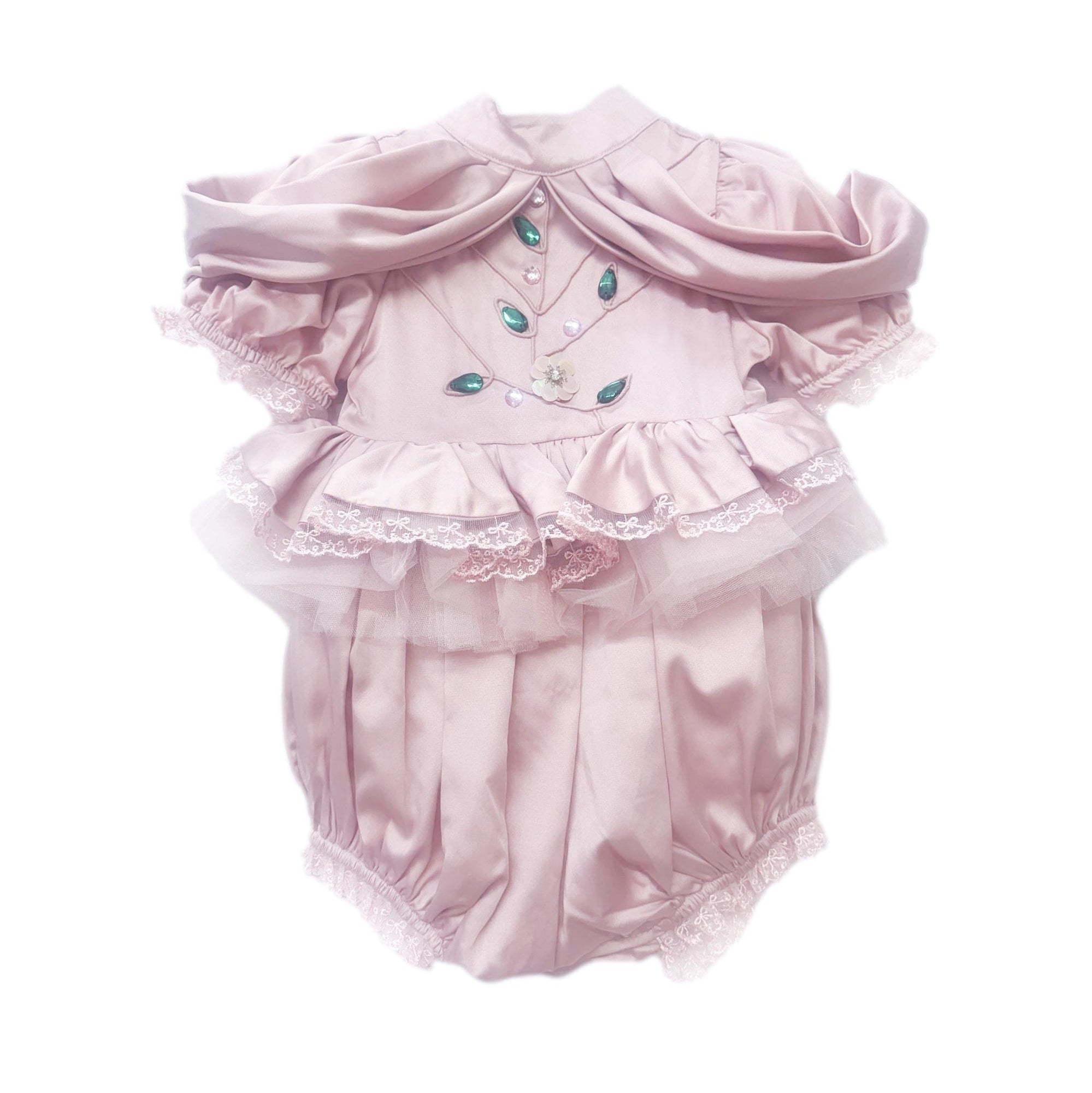 Pink ruffle baby romper with lace trim and jewel details