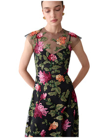 Embroidered Cap Sleeve Crewneck Midi Dress | Black Multi