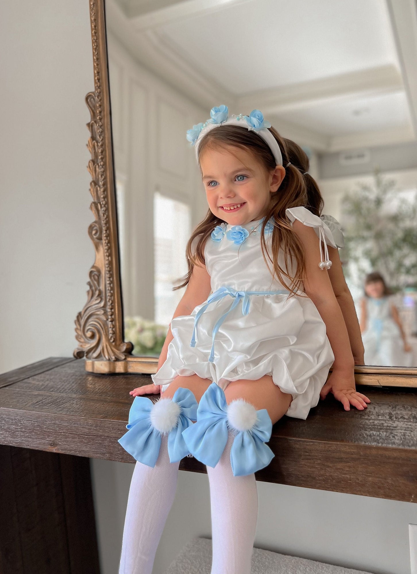 Girl | Daphne Satin Romper with Embroidery | White x Blue