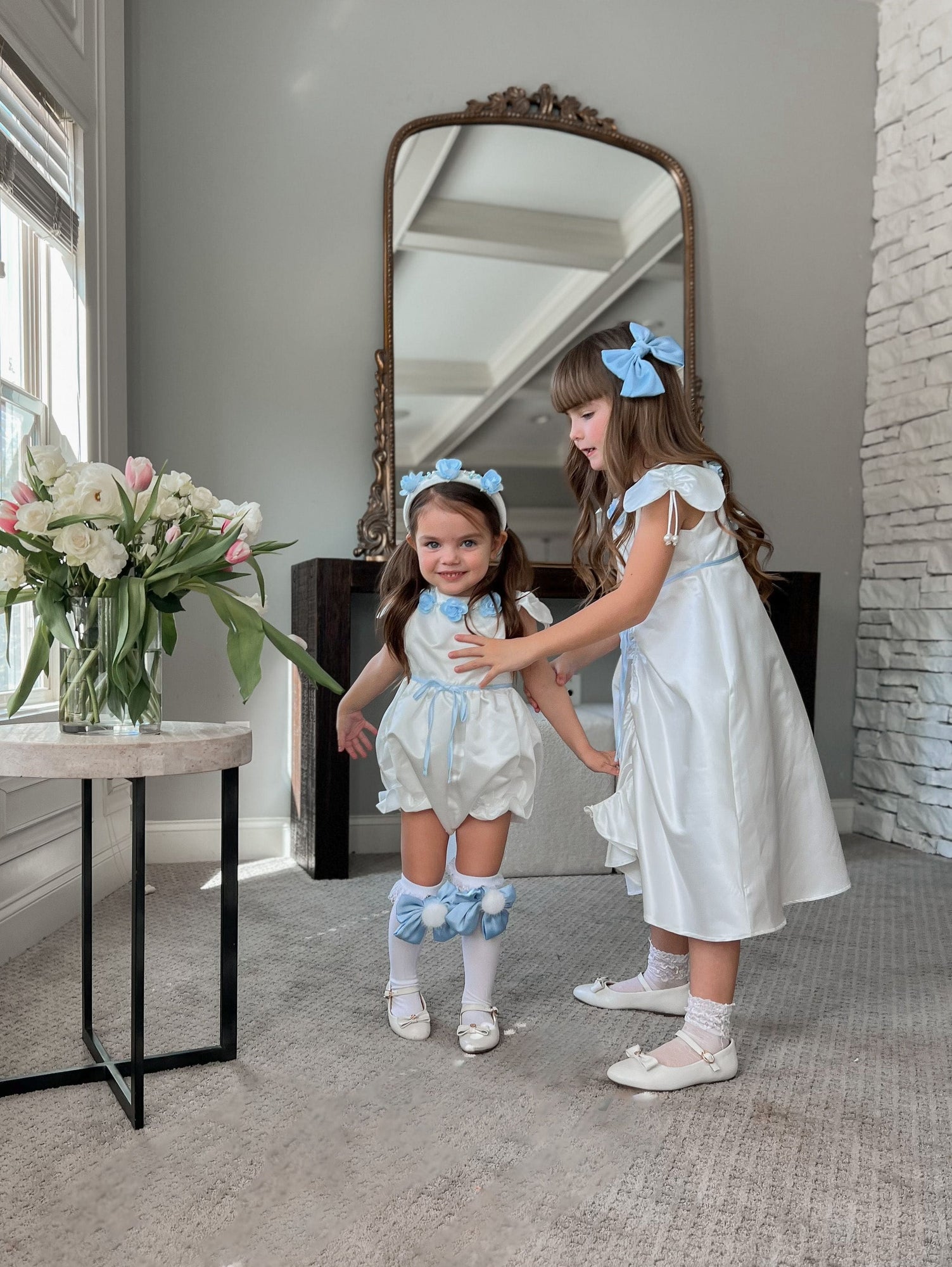 Girl | Daphne Satin Romper with Embroidery | White x Blue