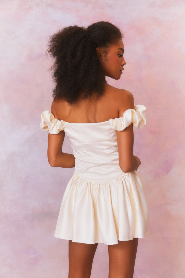 Cailey Off-The-Shoulder Draped Mini Dress | Cream