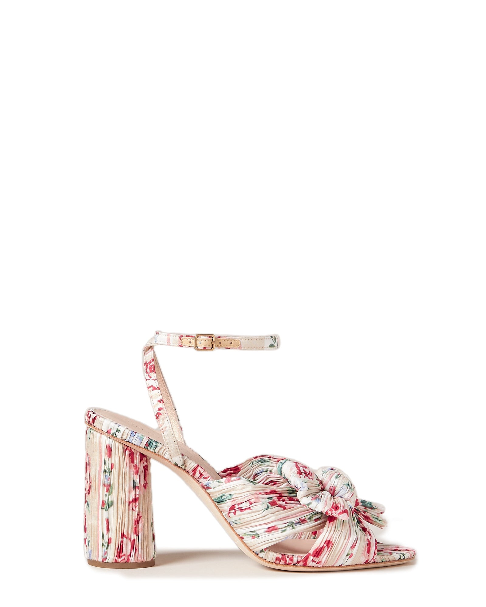Camellia Pleated Knot Heeled Sandal With Ankle Strap | Pink Painterly Floral