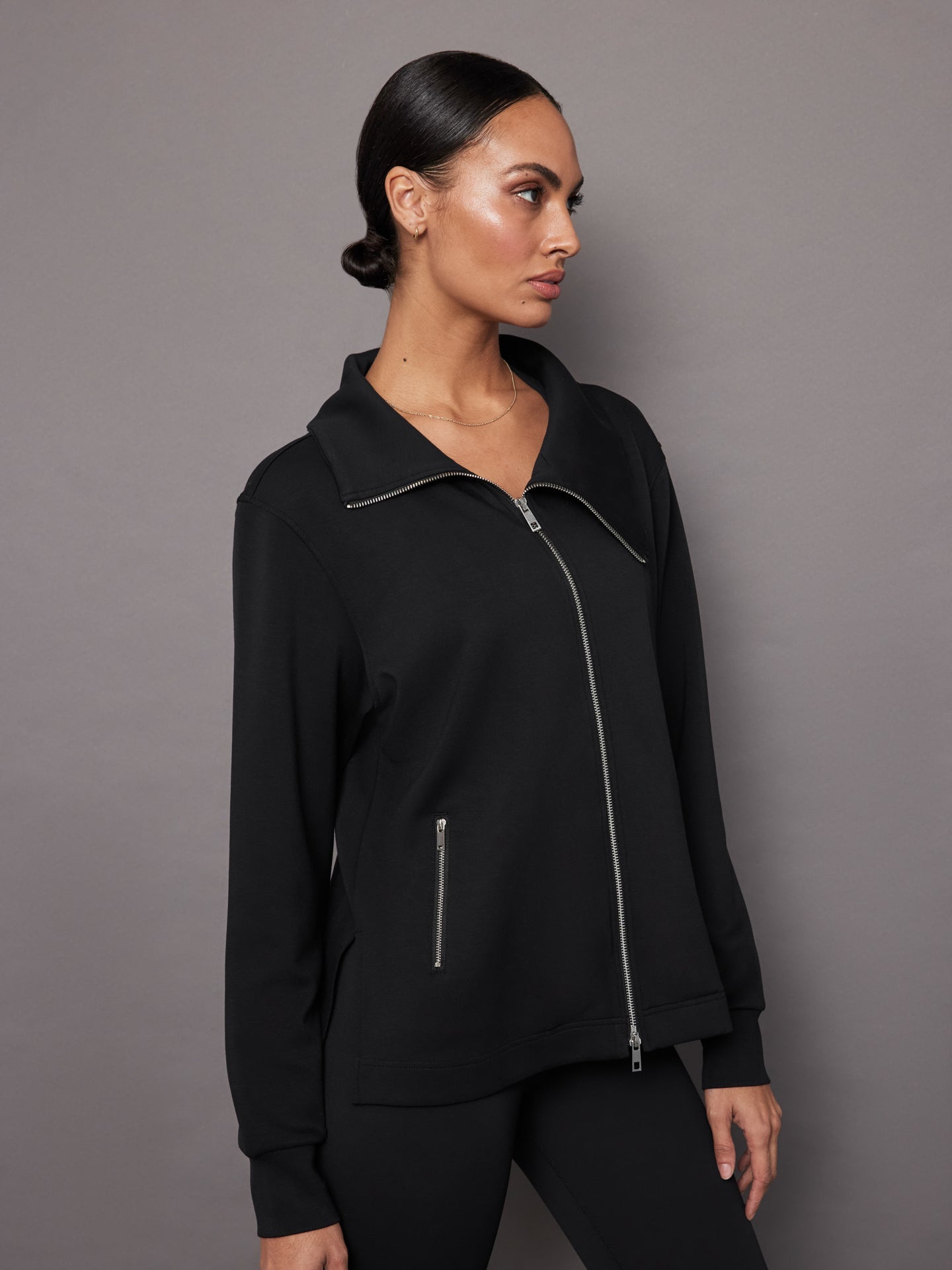 Knit Jacket with Asymmetrical Zip in Interlock | Black