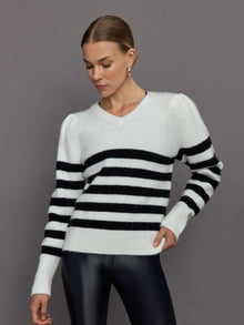 Striped Puff Sleeve Sweater | Cream/ Black
