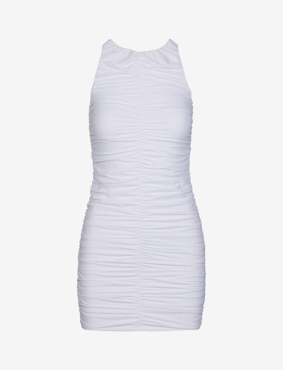 Classic Ruched Mini Dress::White::Main