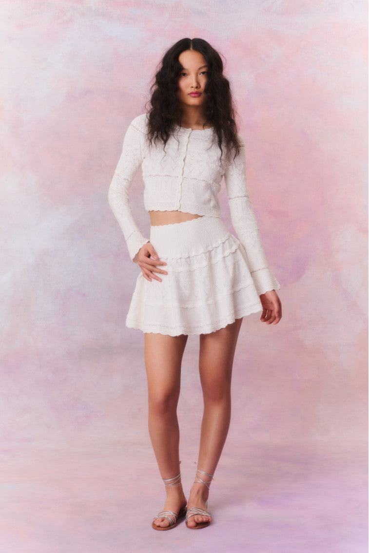 Knitted mini skirt featuring a ribbed yoke, elasticated waistband and a flouncy skirt.