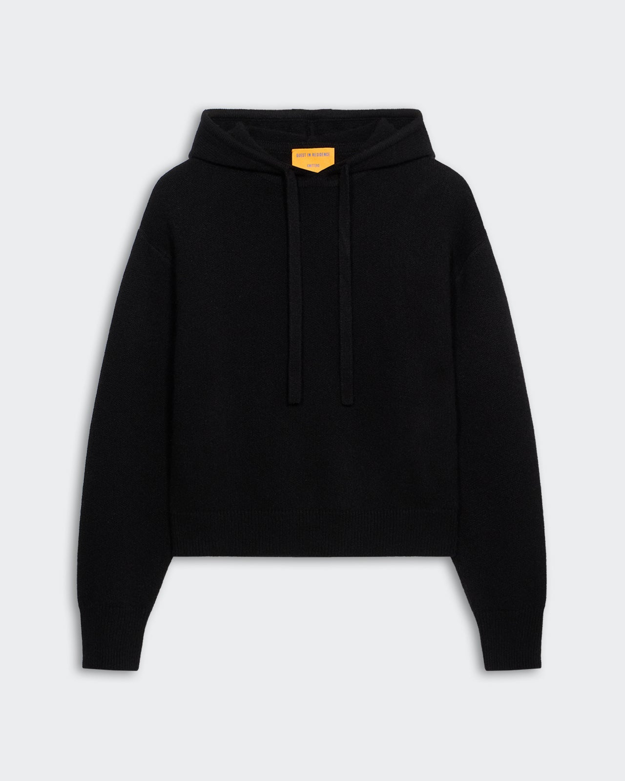 Collegiate Hoodie - Black mid-weight jersey hoodie with drawstrings, ribbed cuffs and hem, 100% cashmere fabric.