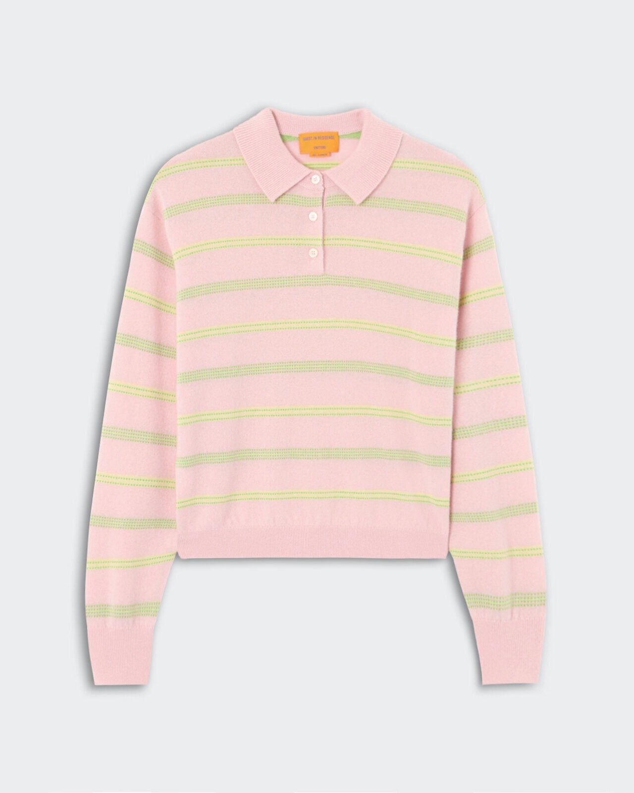 Collegiate Stripe Polo - Powder Pink Combo, a long-sleeve polo shirt featuring soft pink fabric with thin lime green horizontal stripes, a classic collar, and a three-button placket, laid flat.