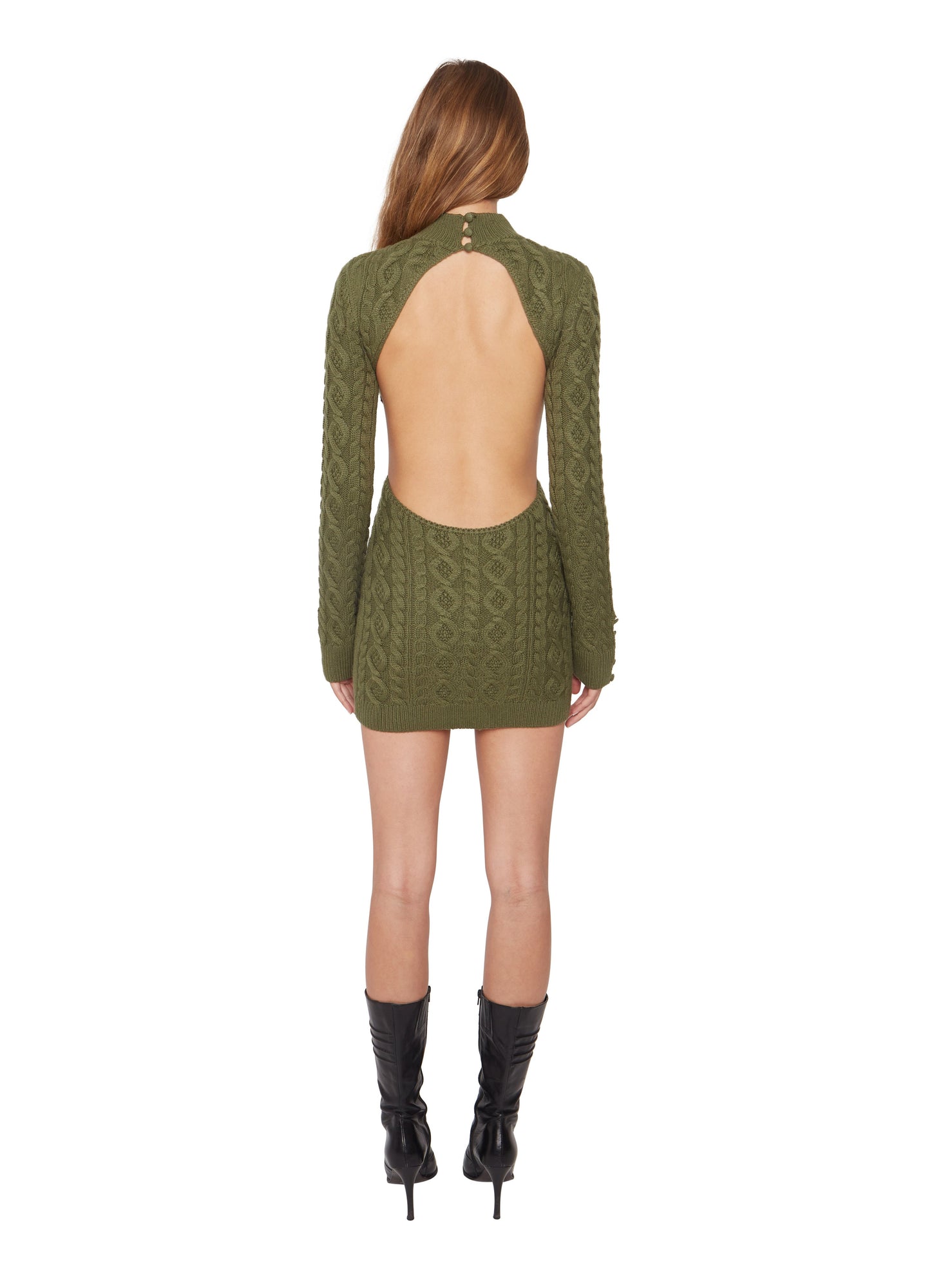 Womens | Cable Knit Backless Turtleneck Dress | Forest Green