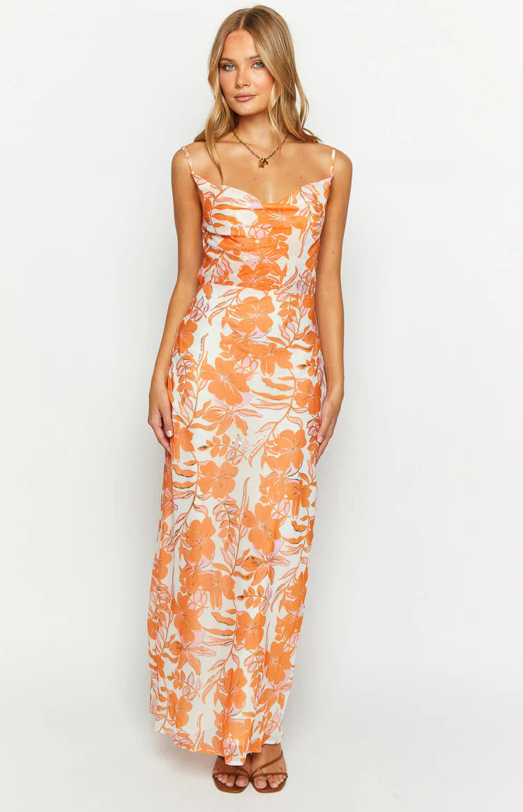 Cambri Floral Chiffon Maxi Dress | Orange
