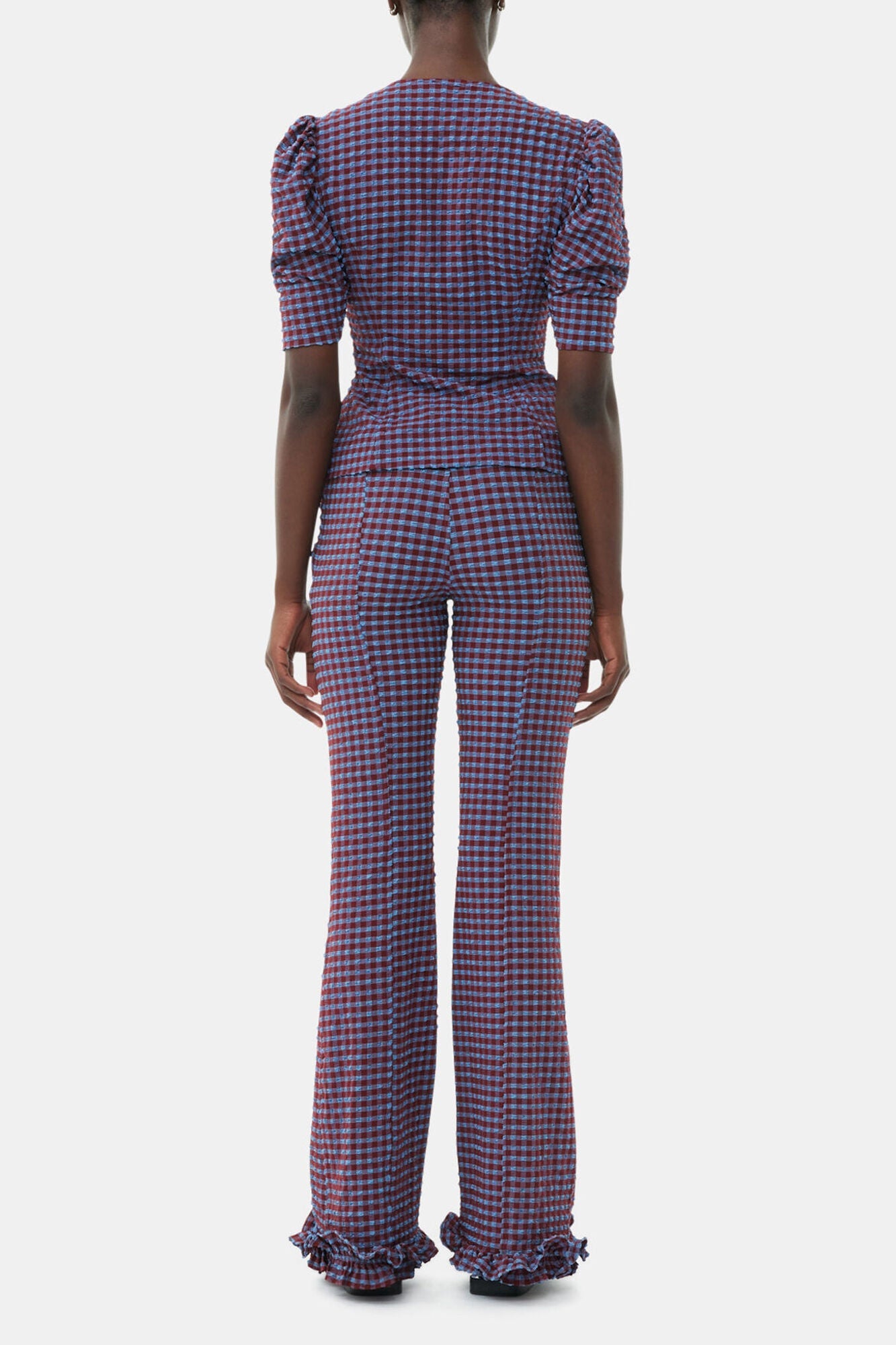 Checkered Stretch Seersucker Frill Trousers | Racing Red