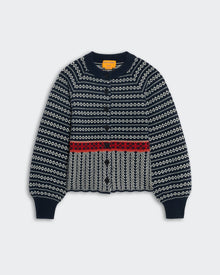 Heavy weight Fair Isle sculpted cardigan in midnight combo with front buttons and red trim detail at hem