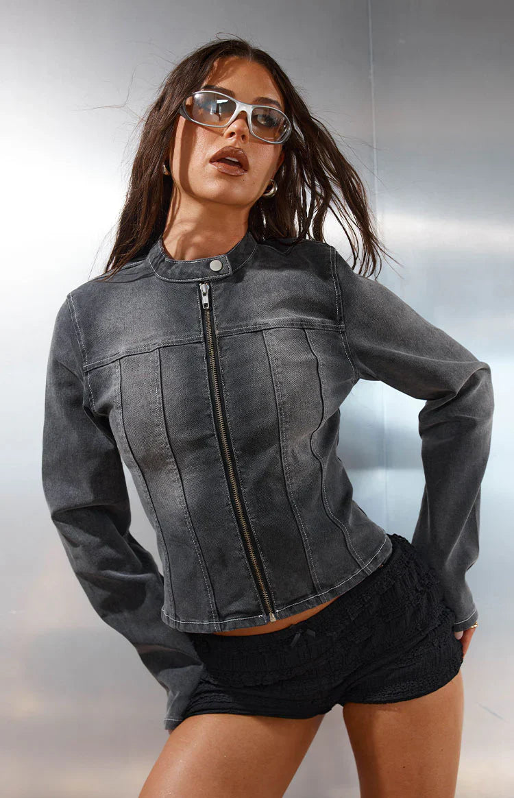 Corey Denim Biker Jacket | Black Washed