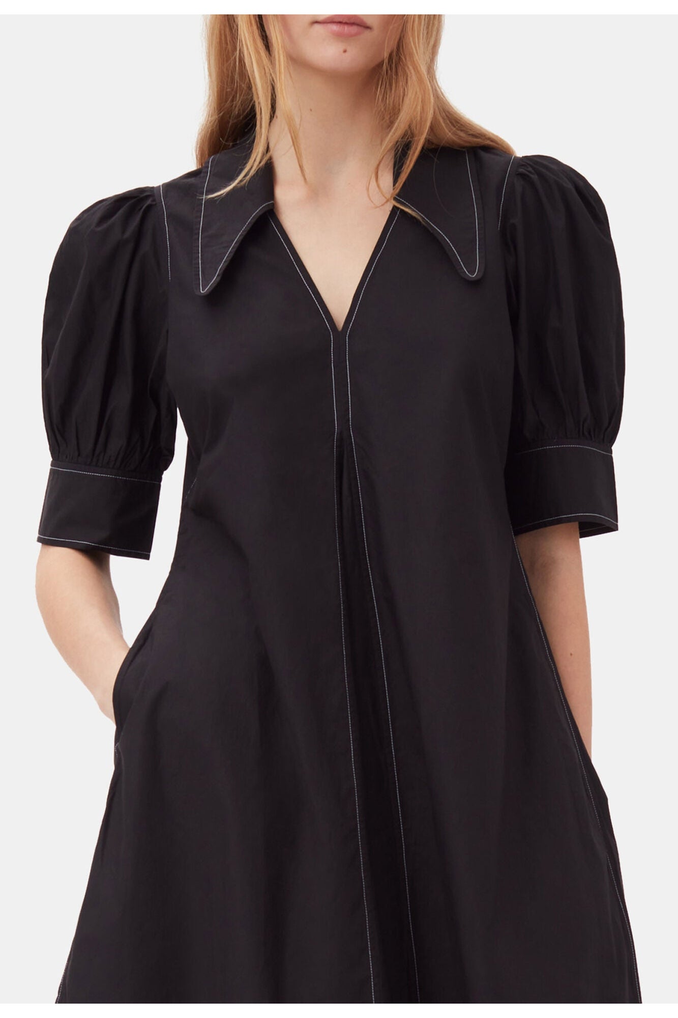 Cotton Poplin V Neck Midi Dress | Black