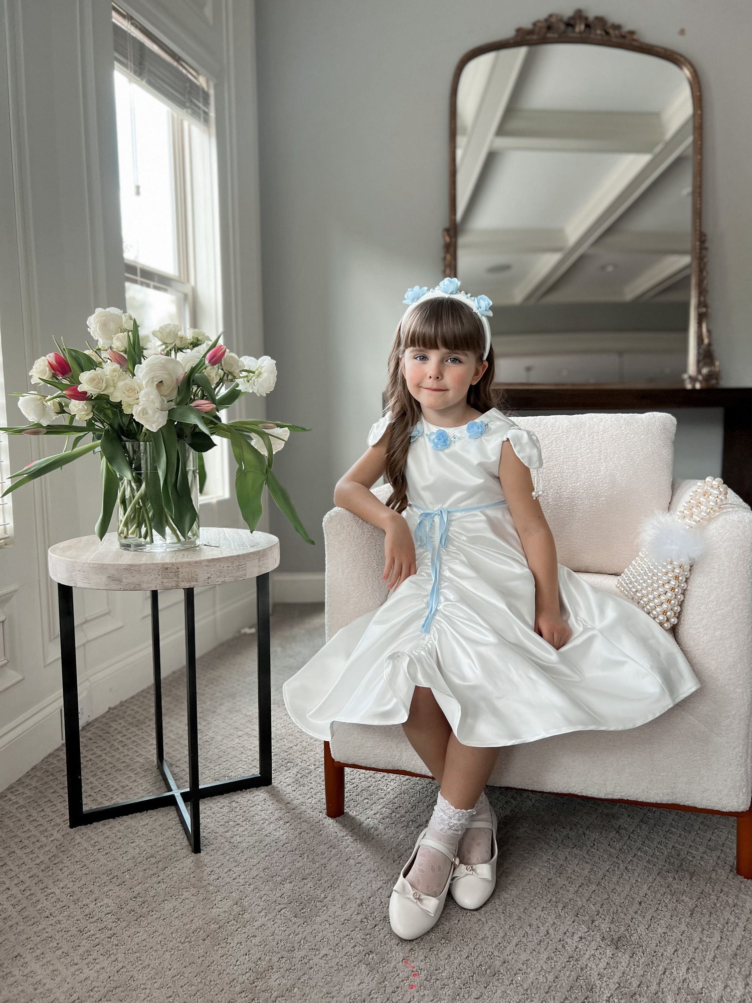 Girl | Daphne Satin Dress with Embroidery | White x Blue