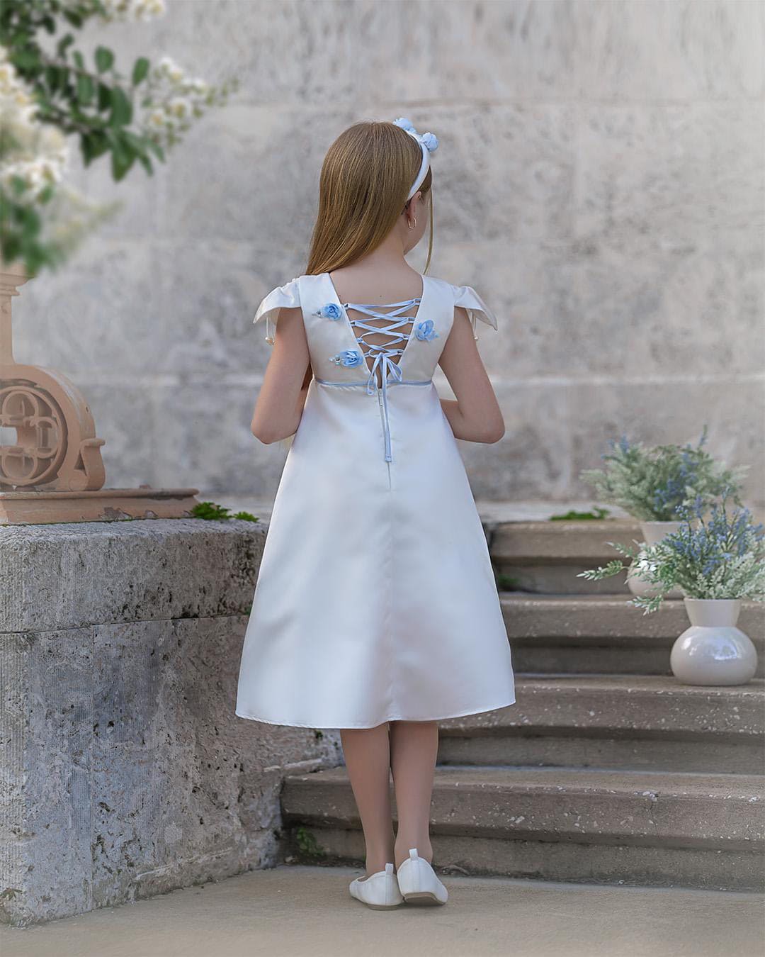 Girl | Daphne Satin Dress with Embroidery | White x Blue