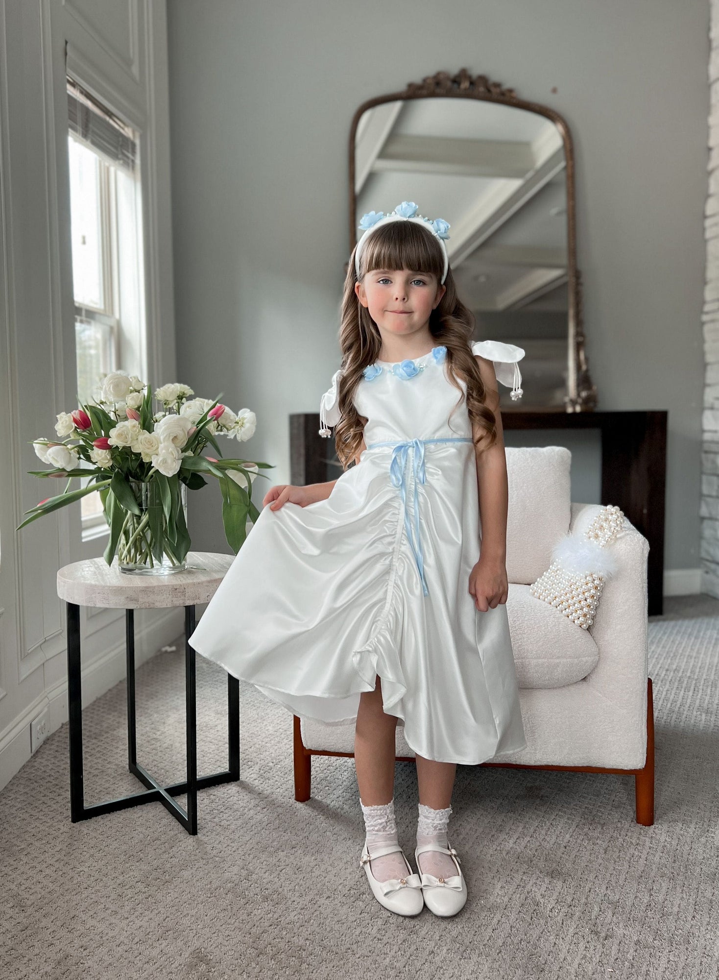 Girl | Daphne Satin Dress with Embroidery | White x Blue